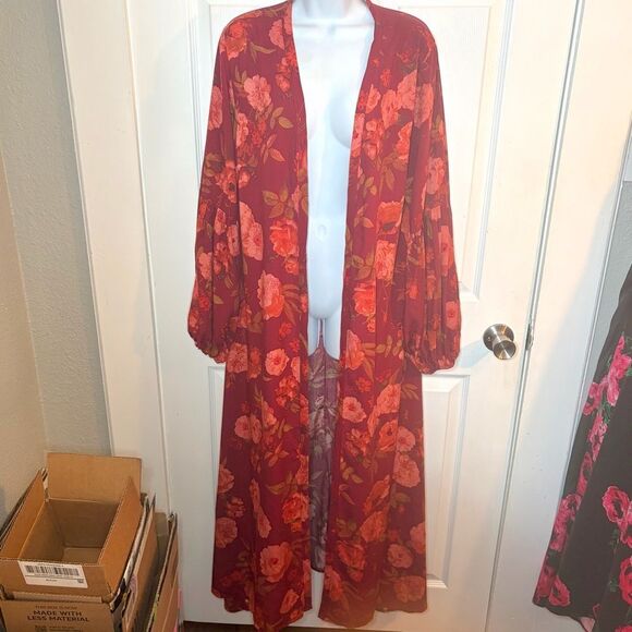 Joyfolie Brenna Dark Red Floral Maxi Longline Cardigan Balloon Sleeves Duster M - Picture 3 of 11